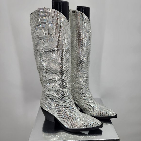 AZALEA WANG Driven Silver Sequin Mirror Tall Western Cowboy Boots 6-10 NWT - Picture 9 of 17